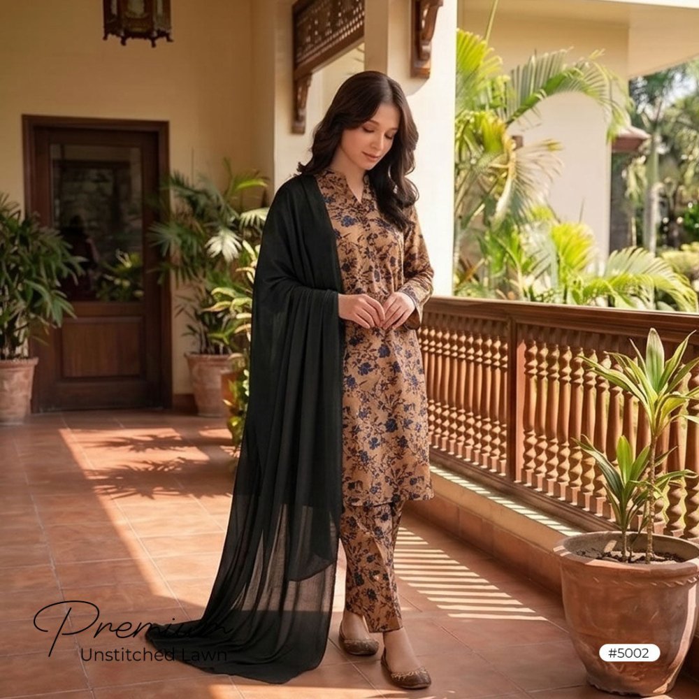 3pcs Premium Lawn Unstitched D-5002 - Ladies Choice