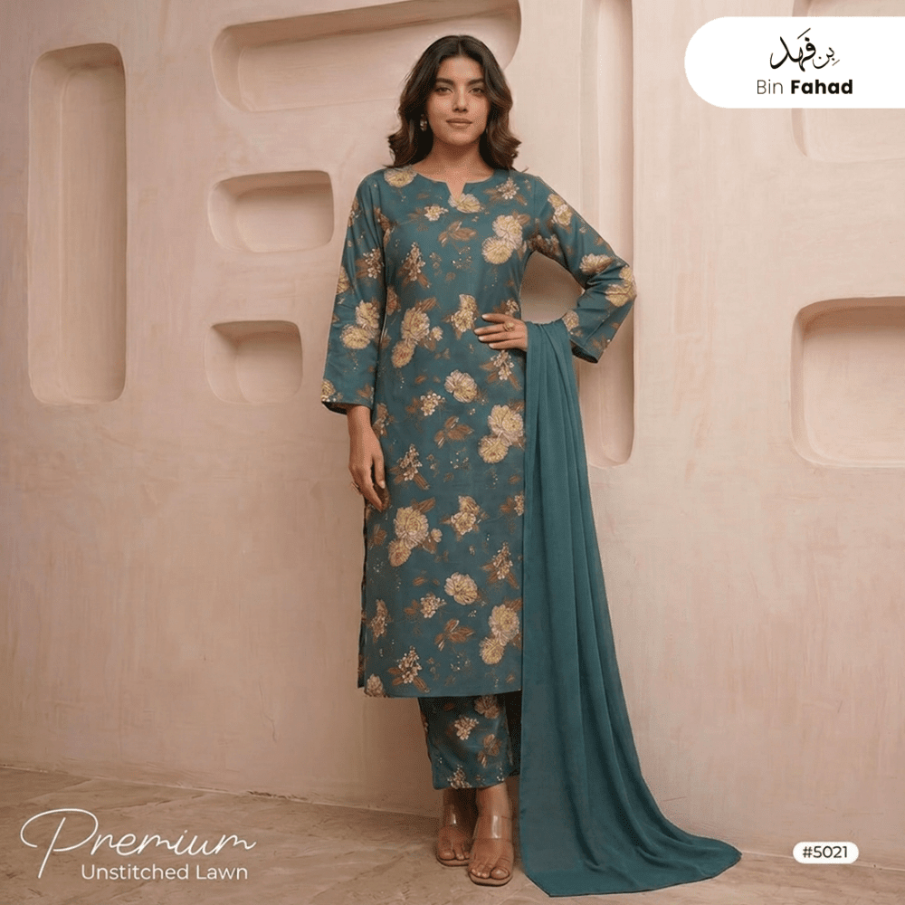 3pcs Premium Lawn Unstitched D-5021 - Ladies Choice