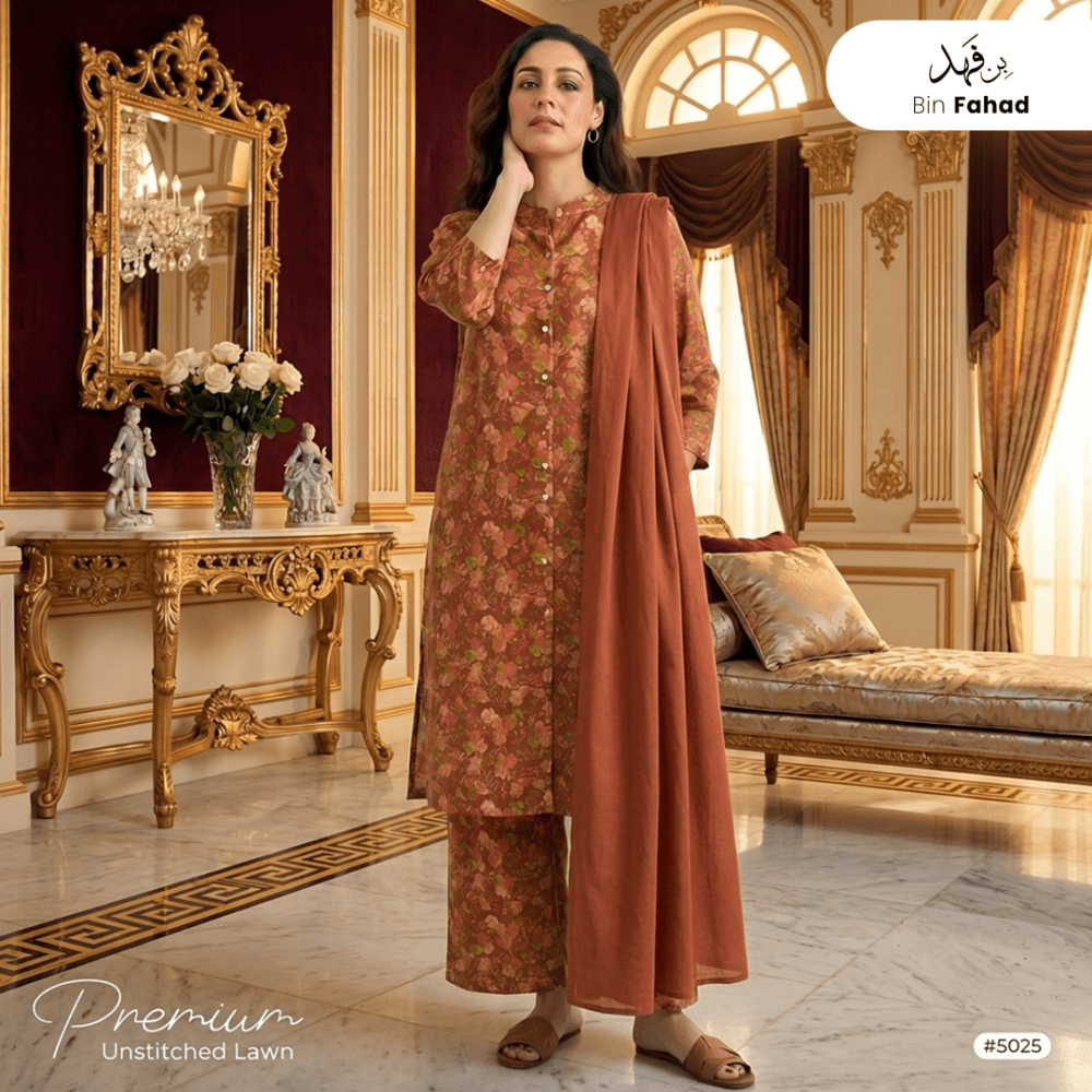 3pcs Premium Lawn Unstitched D-5025 - Ladies Choice