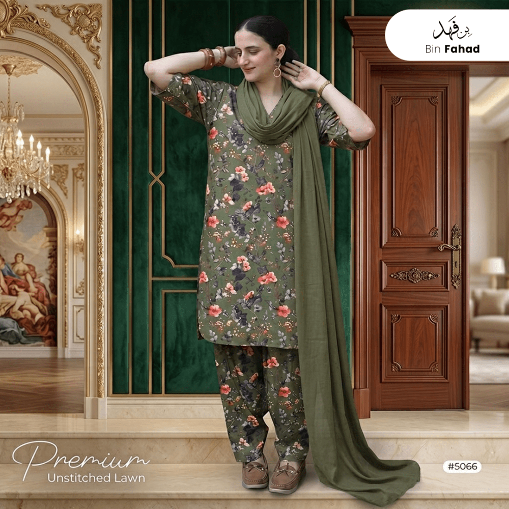 3pcs Premium Lawn Unstitched D-5066 - Ladies Choice