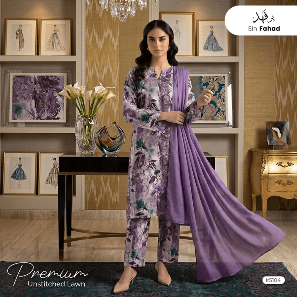 3pcs Premium Lawn Unstitched D-5104 - Ladies Choice