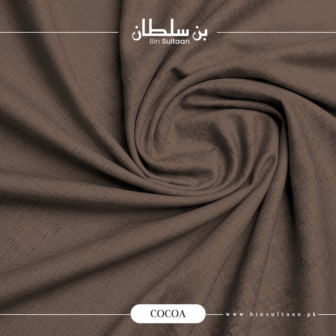 Brown fabric with 'Bin Sultaan' branding and 'Cocoa' color swatch.