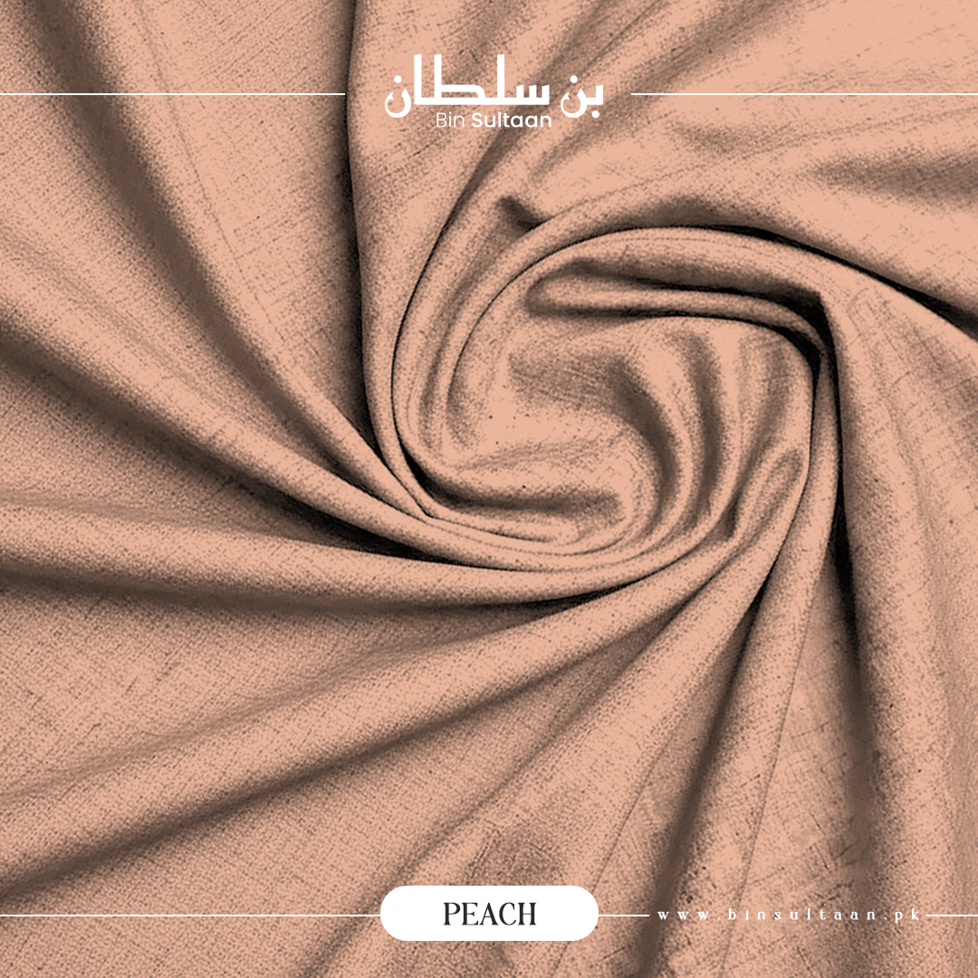 Close-up of peach fabric with 'Bin Sultaan' branding and 'PEACH' label.