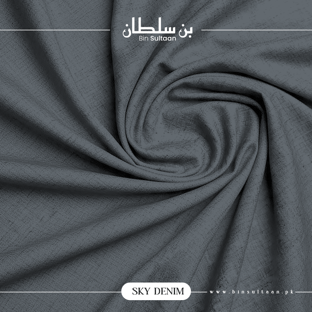 Gray denim fabric with 'Bin Sultaan' branding and product name.