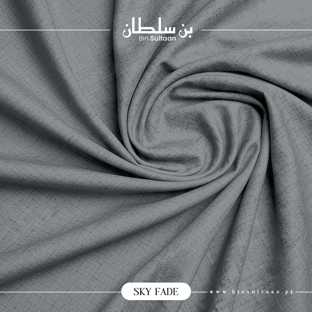 Gray fabric with a textured pattern, featuring the brand 'Bin Sultaan' and product name 'Sky Fade'.