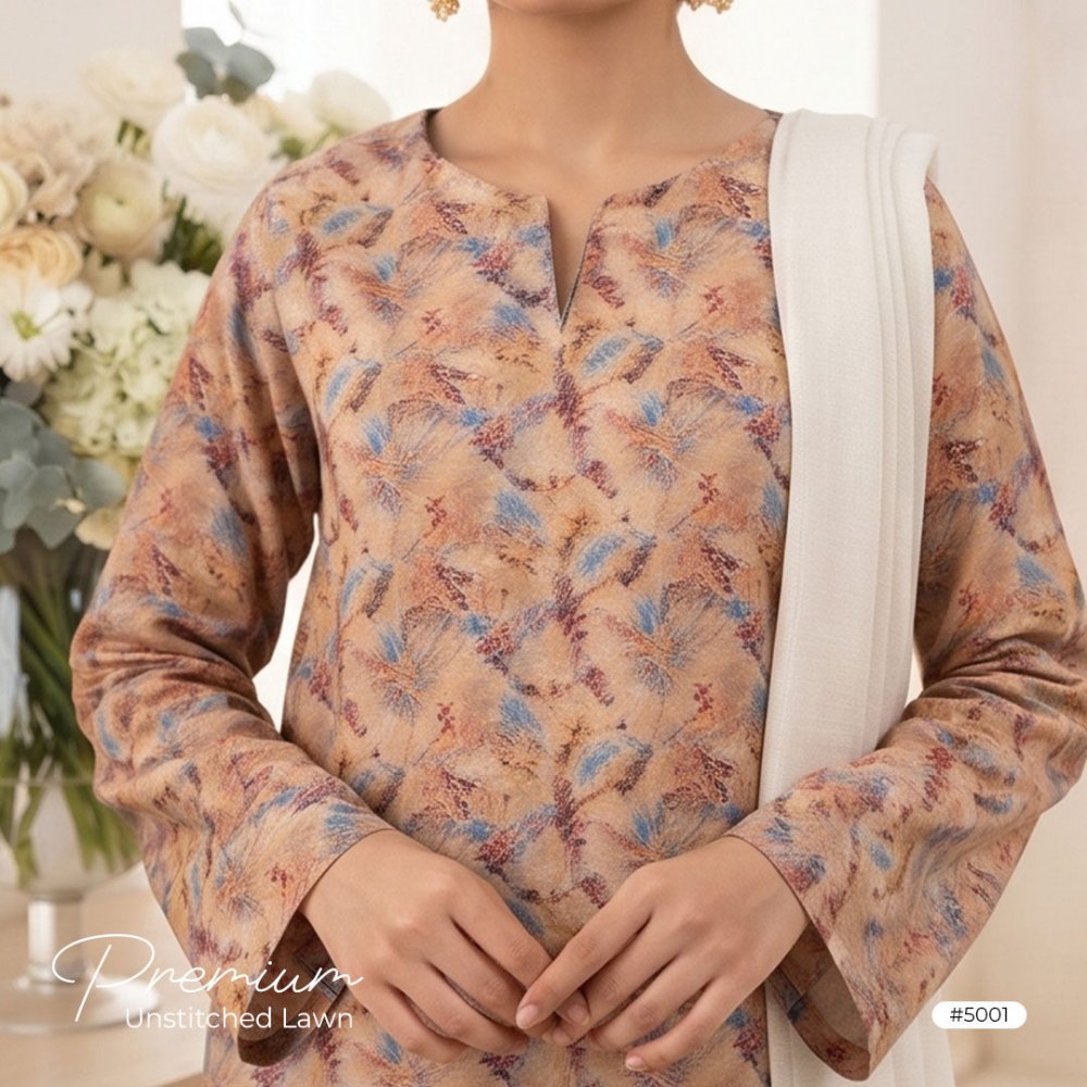 3pcs Premium Lawn Unstitched D-5001 - Ladies Choice