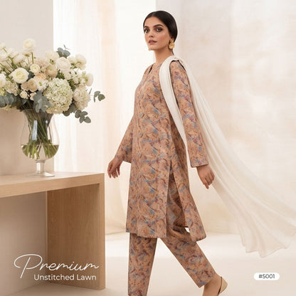 3pcs Premium Lawn Unstitched D-5001 - Ladies Choice