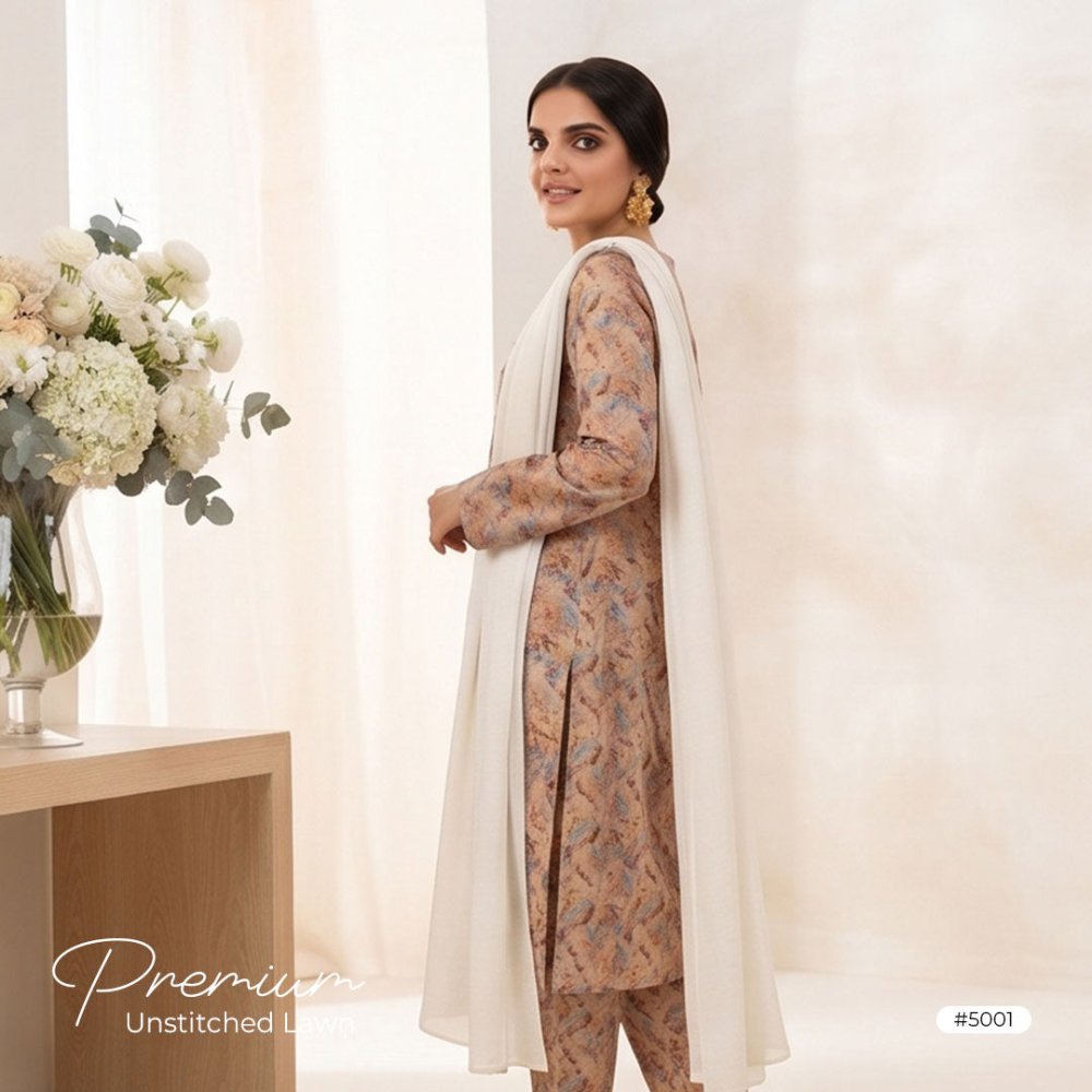 3pcs Premium Lawn Unstitched D-5001 - Ladies Choice