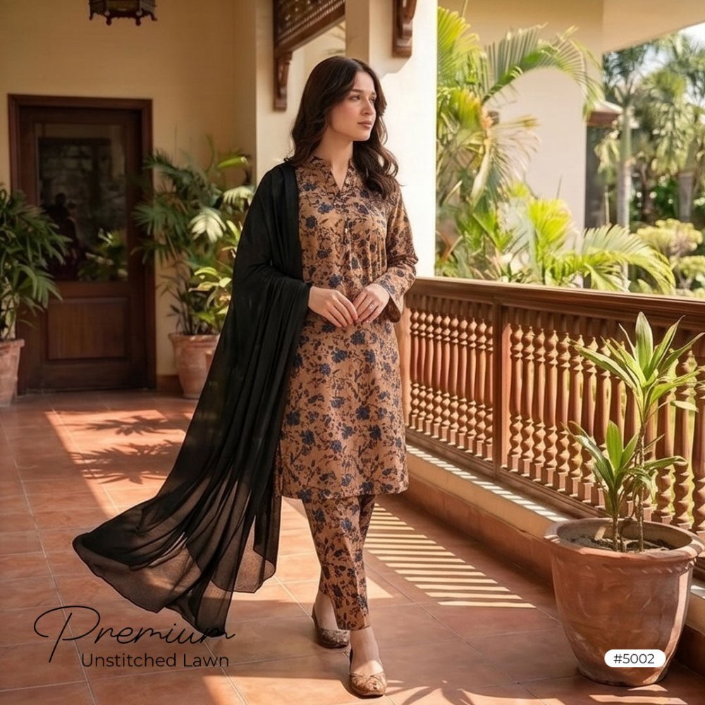 3pcs Premium Lawn Unstitched D-5002 - Ladies Choice