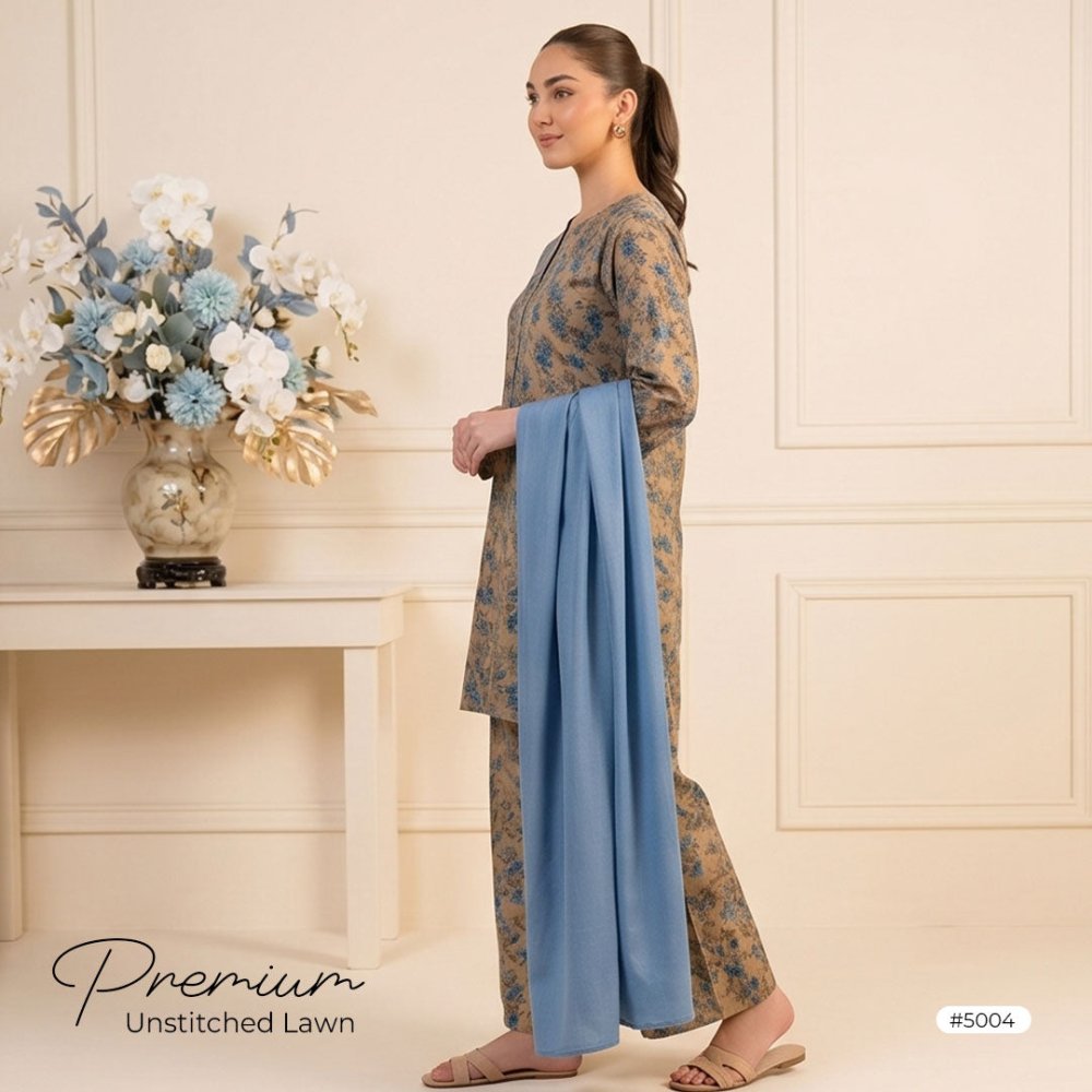 3pcs Premium Lawn Unstitched D-5004 - Ladies Choice