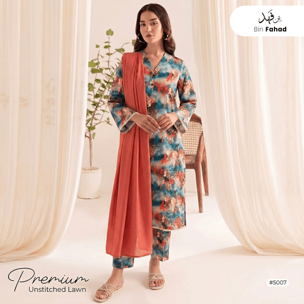 3pcs Premium Lawn Unstitched D-5007 - Ladies Choice