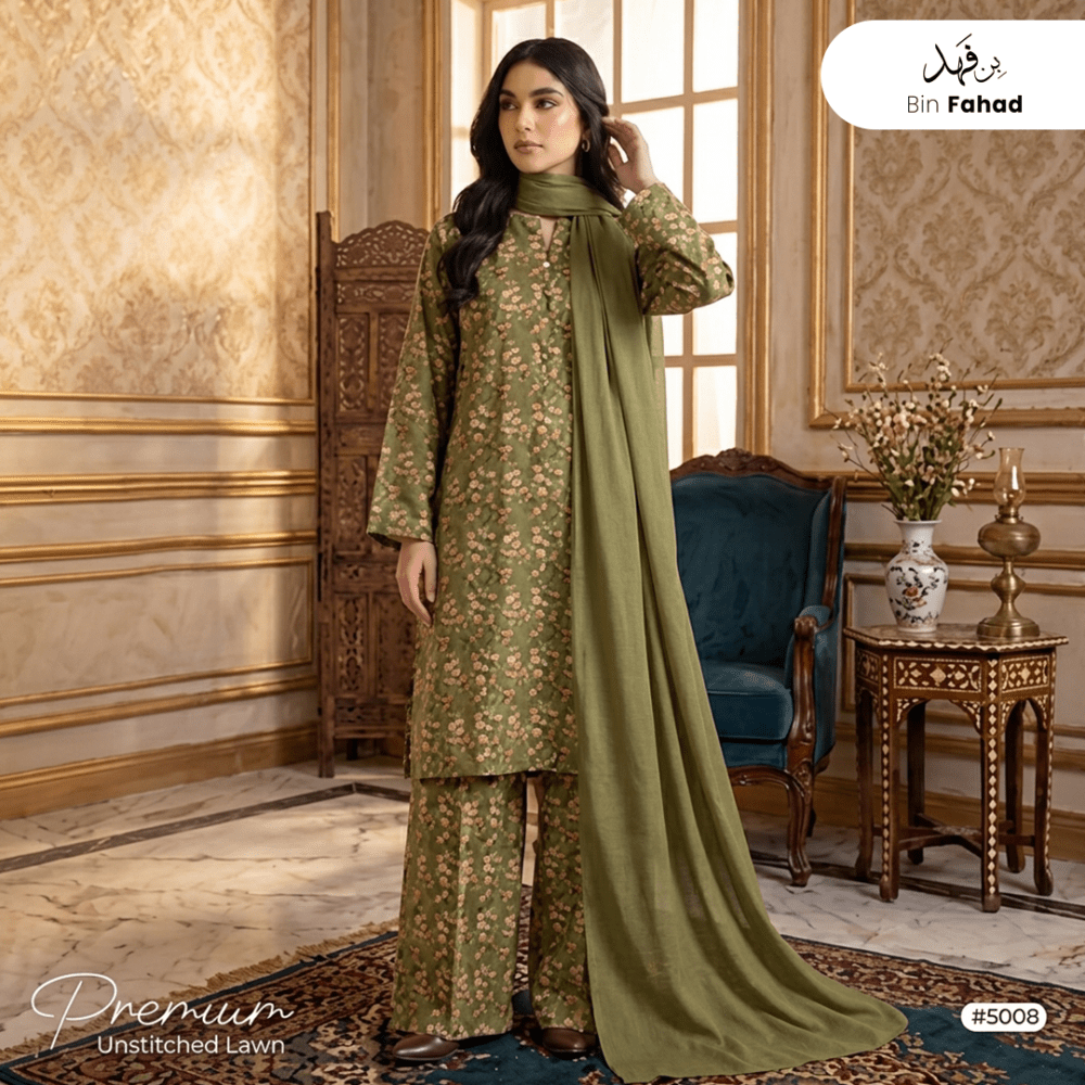 3pcs Premium Lawn Unstitched D-5008 - Ladies Choice