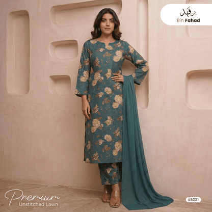 3pcs Premium Lawn Unstitched D-5021 - Ladies Choice