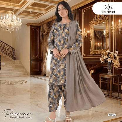 3pcs Premium Lawn Unstitched D-5046 - Ladies Choice