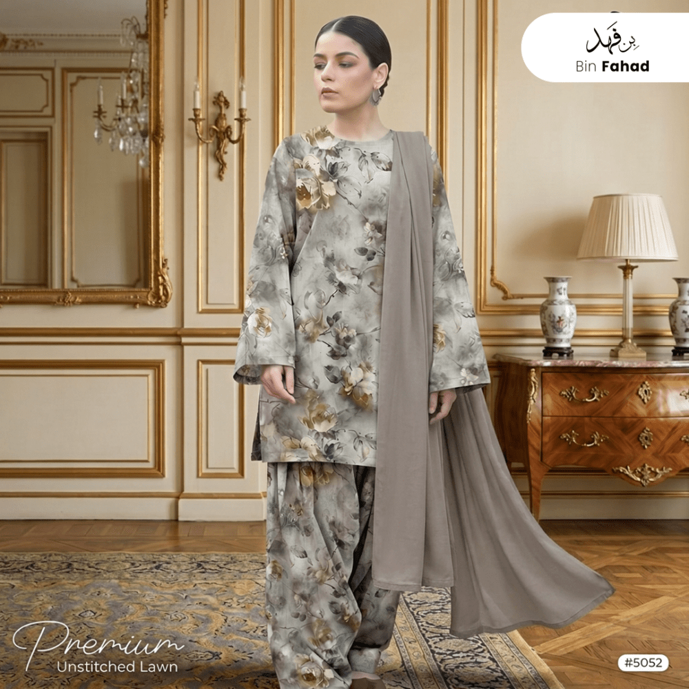 3pcs Premium Lawn Unstitched D-5052 - Ladies Choice