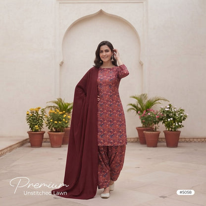 3pcs Premium Lawn Unstitched D-5058 - Ladies Choice
