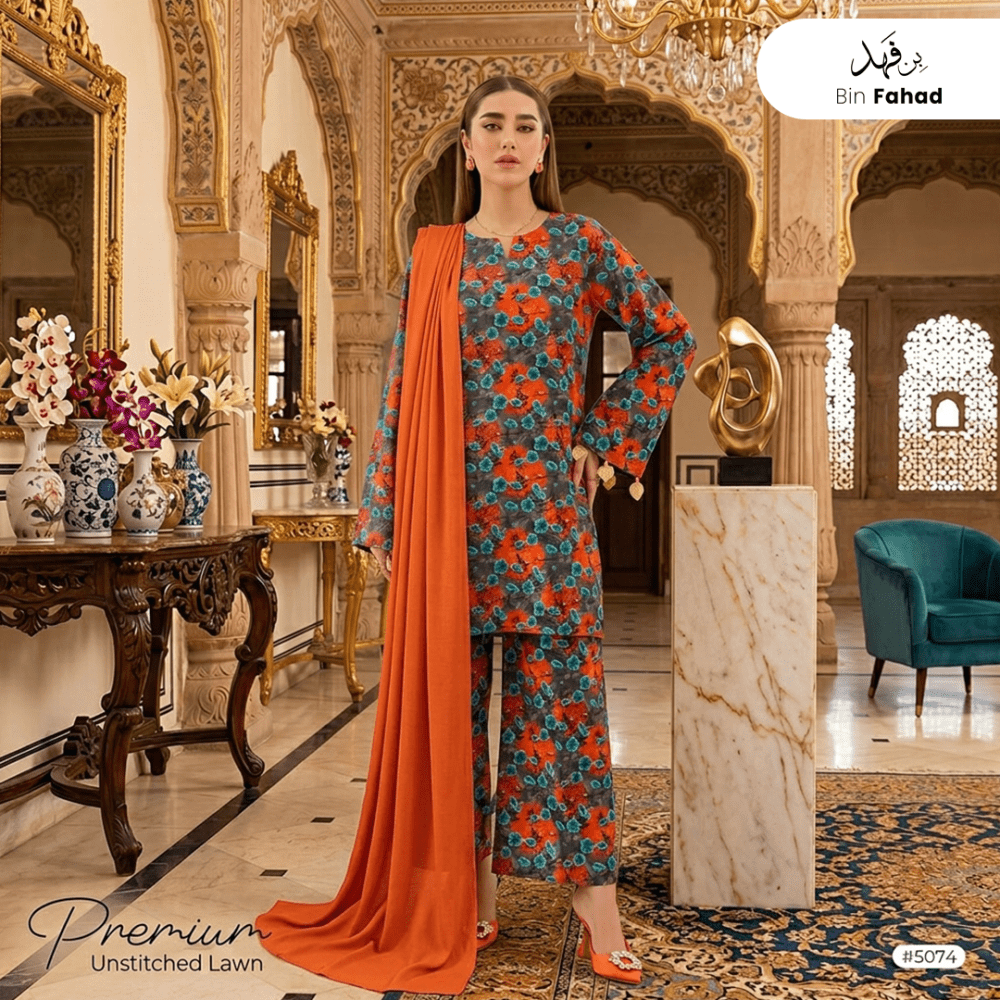 3pcs Premium Lawn Unstitched D-5074 - Ladies Choice