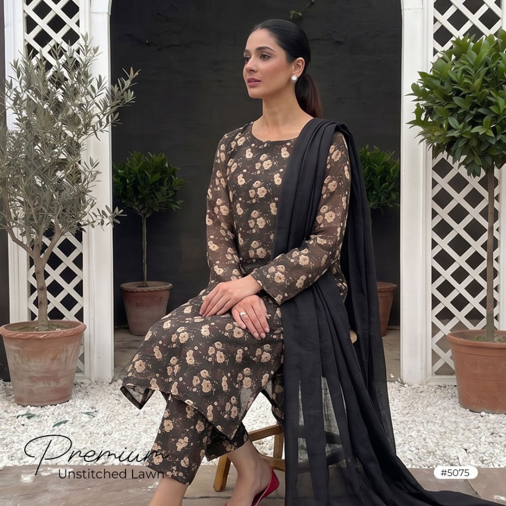3pcs Premium Lawn Unstitched D-5075 - Ladies Choice