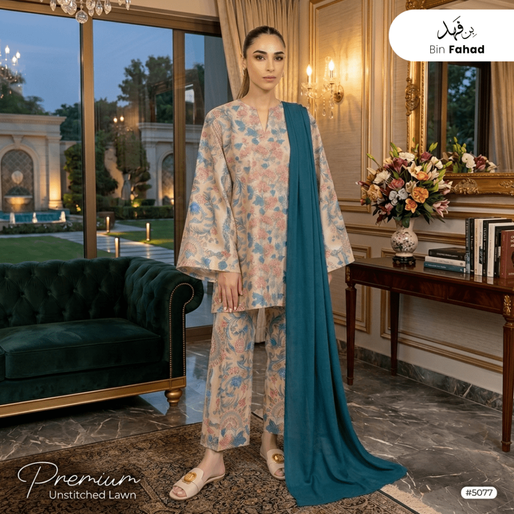 3pcs Premium Lawn Unstitched D-5077 - Ladies Choice