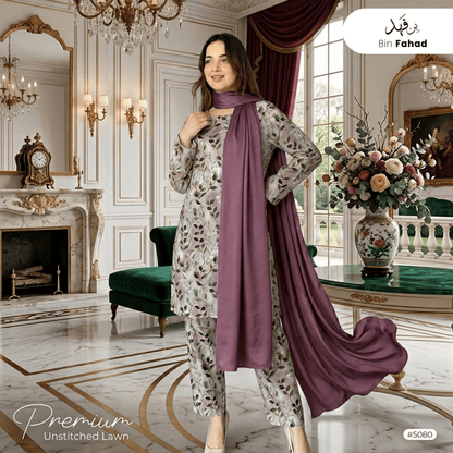 3pcs Premium Lawn Unstitched D-5080 - Ladies Choice