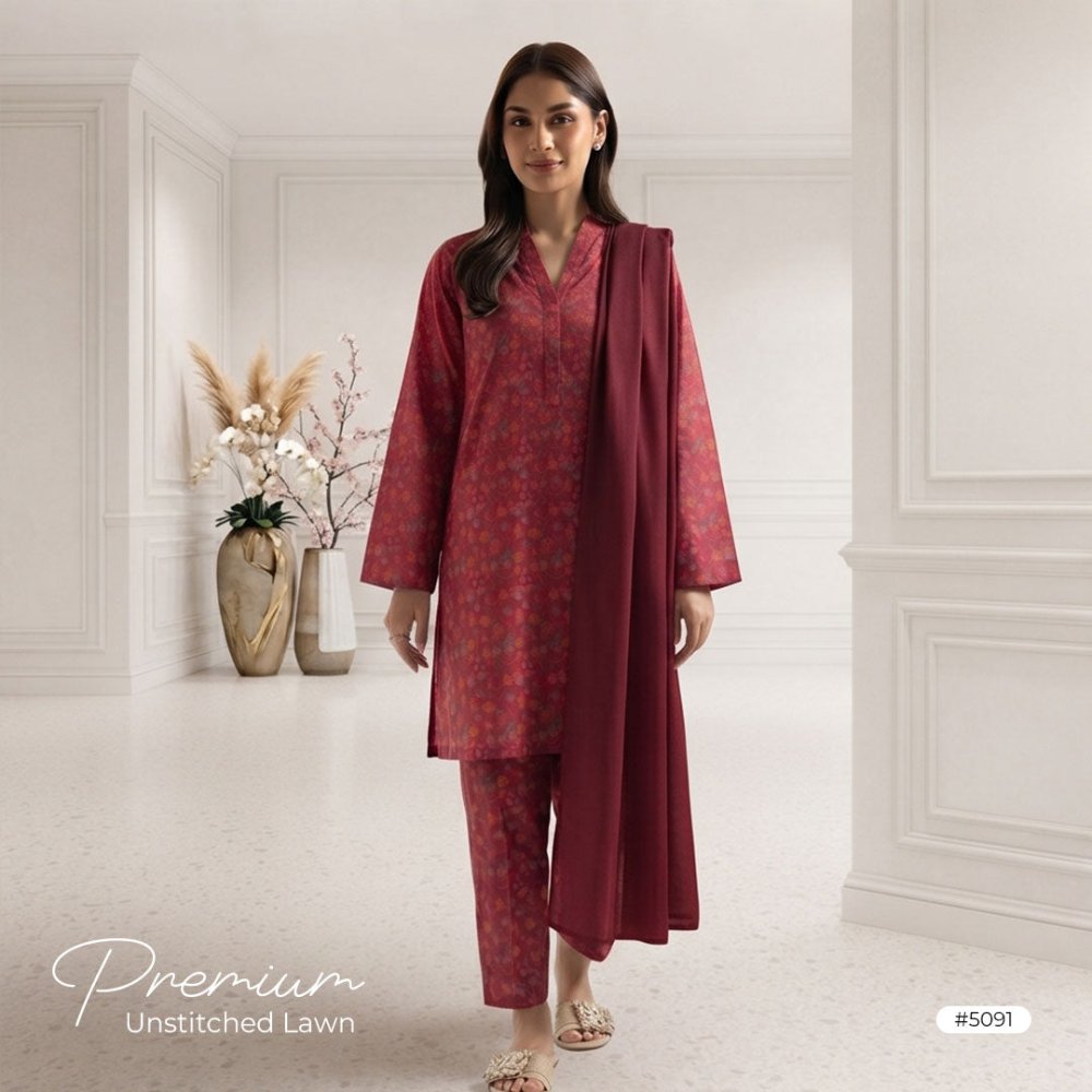 3pcs Premium Lawn Unstitched D-5091 - Ladies Choice