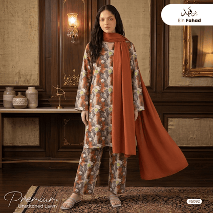 3pcs Premium Lawn Unstitched D-5092 - Ladies Choice
