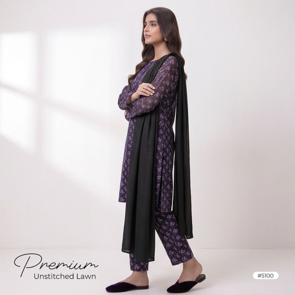 3pcs Premium Lawn Unstitched D-5100 - Ladies Choice