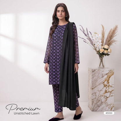 3pcs Premium Lawn Unstitched D-5100 - Ladies Choice