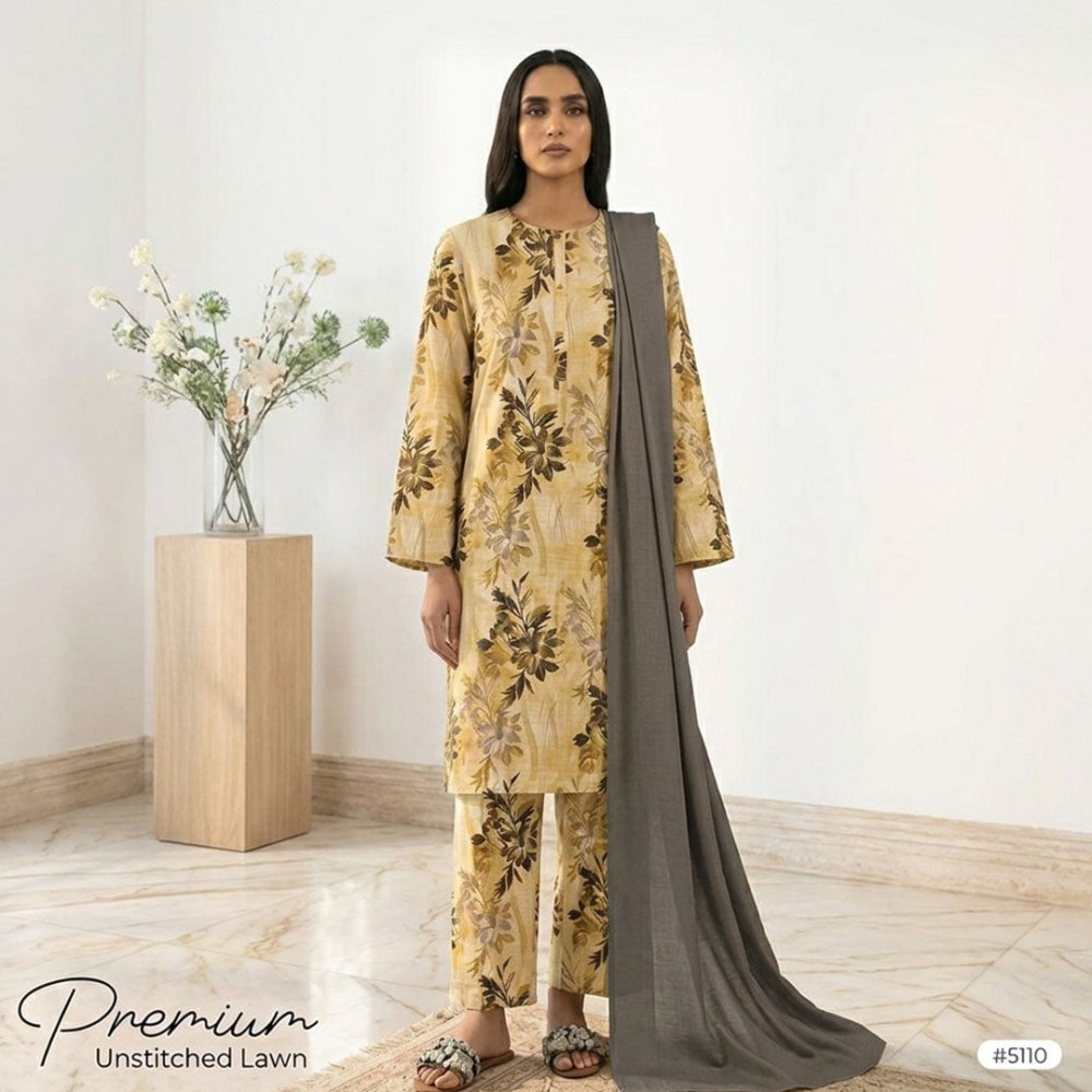 3pcs Premium Lawn Unstitched D-5110 - Ladies Choice