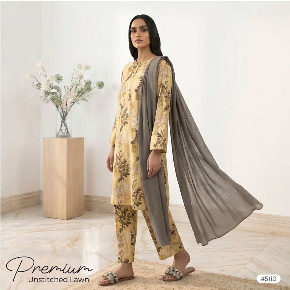 3pcs Premium Lawn Unstitched D-5110 - Ladies Choice