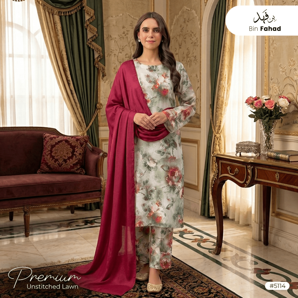 3pcs Premium Lawn Unstitched D-5114 - Ladies Choice