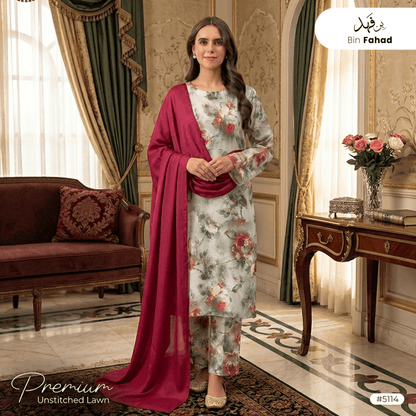 3pcs Premium Lawn Unstitched D-5114 - Ladies Choice