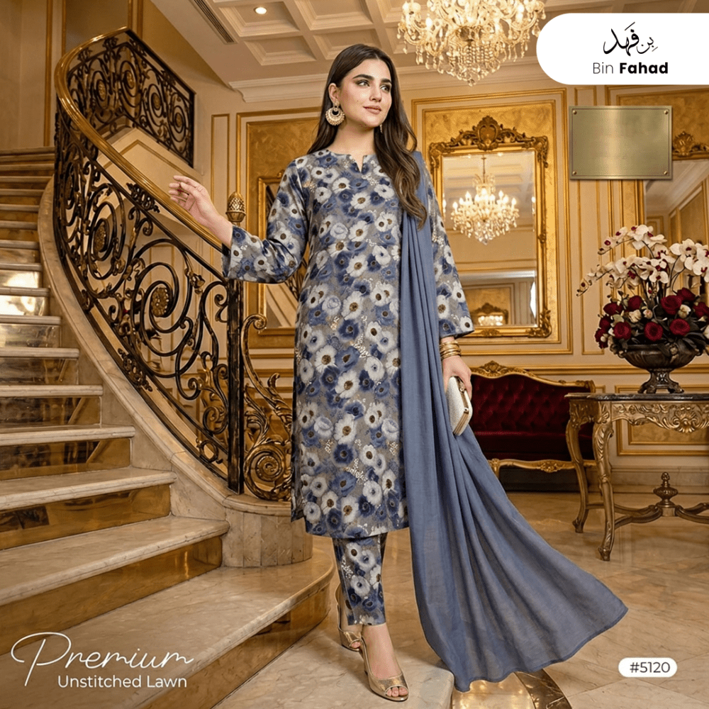 3pcs Premium Lawn Unstitched D-5120 - Ladies Choice
