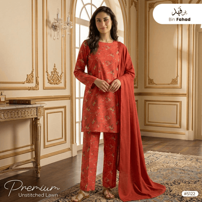 3pcs Premium Lawn Unstitched D-5122 - Ladies Choice