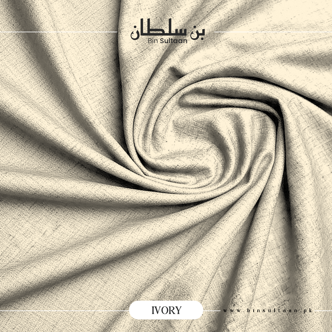 Ivory fabric with a brand name and product type label on a beige background