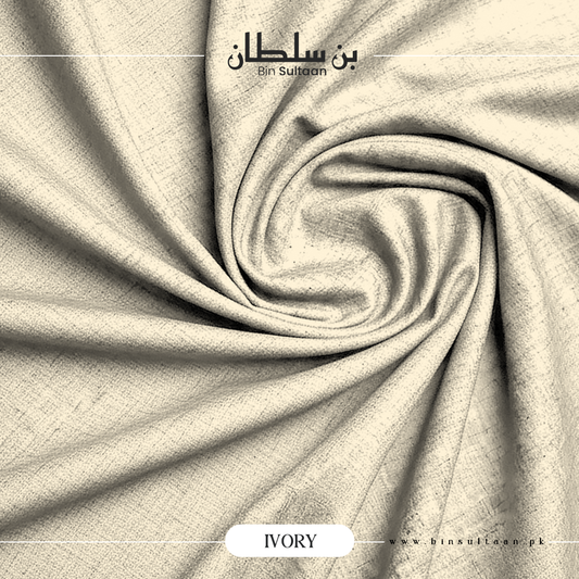 Ivory fabric with a brand name and product type label on a beige background