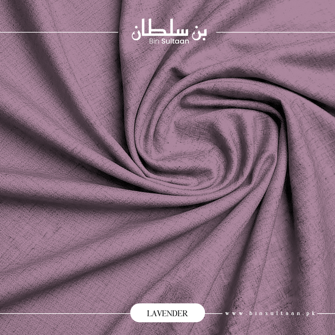 Close-up of lavender fabric with 'Bin Sultaan' branding and product name.