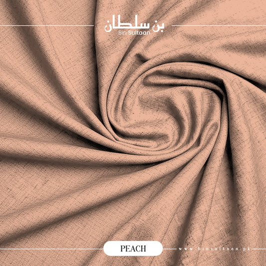 Close-up of peach fabric with 'Bin Sultaan' branding and 'PEACH' label.