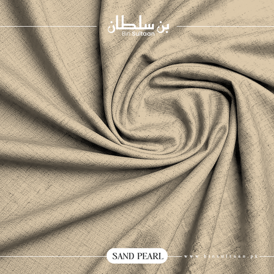 Beige fabric with a textured pattern, featuring the Bin Sultaan brand.