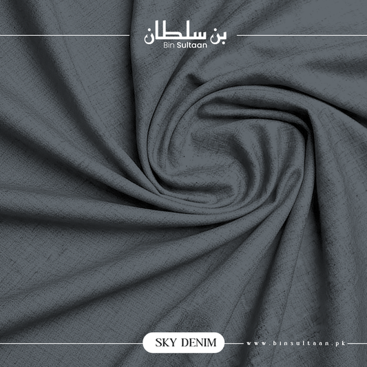 Gray denim fabric with 'Bin Sultaan' branding and product name.