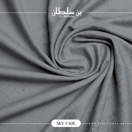 Gray fabric with a textured pattern, featuring the brand 'Bin Sultaan' and product name 'Sky Fade'.