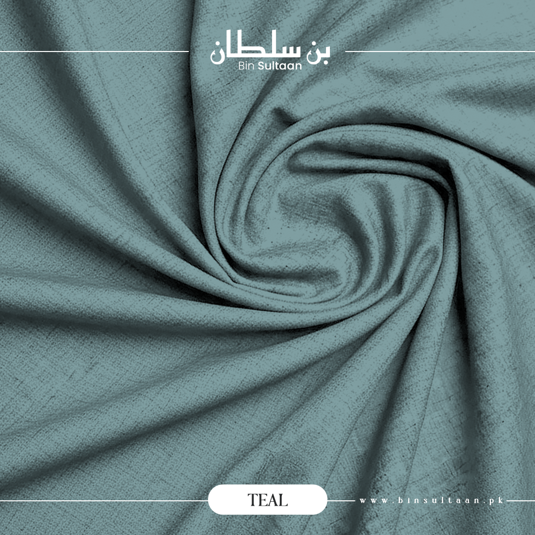 Teal fabric with 'Bin Sultaan' branding and product name.